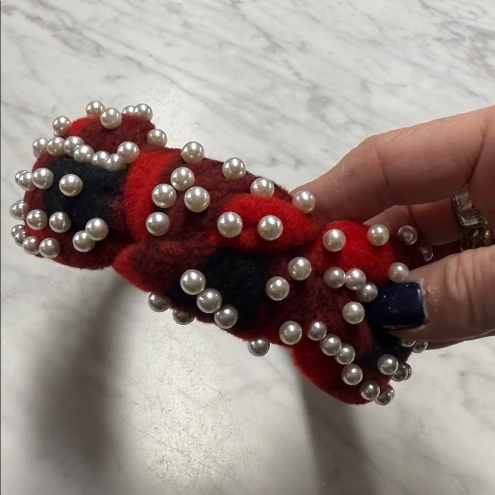Lele Sadoughi NWOT Flannel Red Black Buffalo Check Headband with Pearl Accent